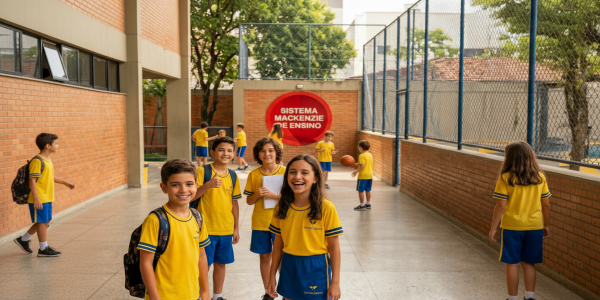 Grupo de alunos sorridentes e engajados em sala de aula moderna